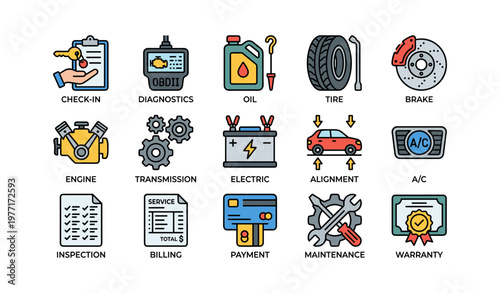 Automotive service icons set featuring maintenance, payment, oil, tire, and warranty elements