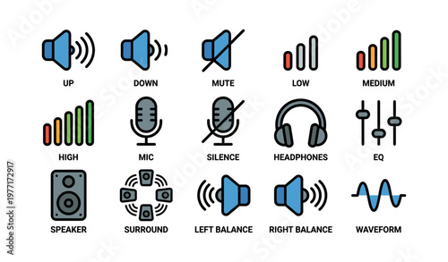 Audio control symbols: volume, mic, headphones, balance, equalizer