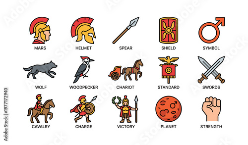 Ancient roman symbols and icons: helmet, spear, shield, chariot, wolf, mars