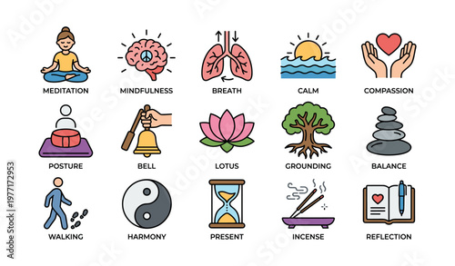 Icons of meditation and mindfulness practices with nature elements