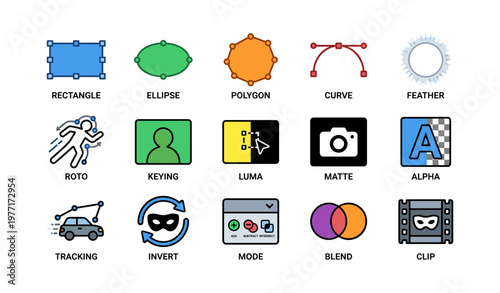Colorful icons for video editing tools including rectangle, ellipse, polygon, keying, luma