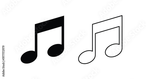 Two musical notes one filled one outlined against a white background