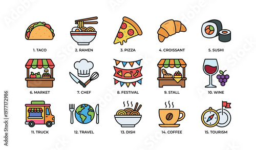 Colorful icons of global cuisine and travel: tacos, pizza, sushi, and coffee