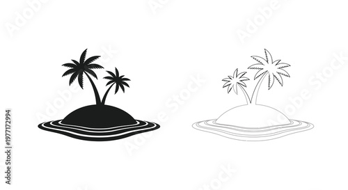 Two versions of a tropical island with palm trees in black and white