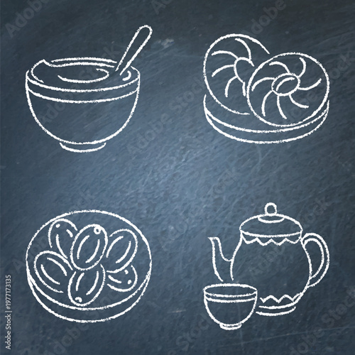 Nowruz traditional treats chalkboard icon set