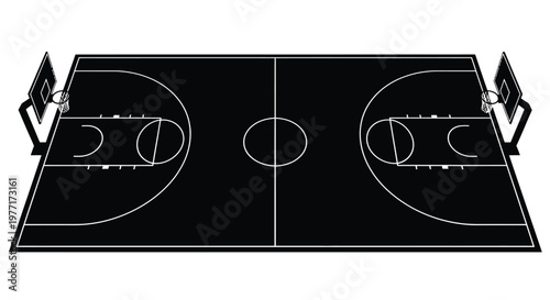 Overhead view of a basketball court with hoops lines and key areas
