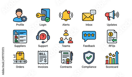 Business management icons: profile, alerts, support, invoices, compliance