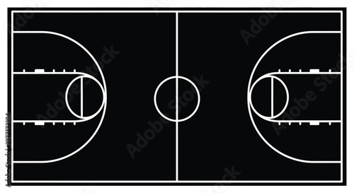 Overhead view of a black basketball court with white lines and markings