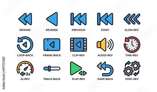 Icon set illustrating media playback features and controls