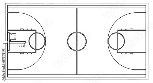 Overhead view of a basketball court with key markings and hoops
