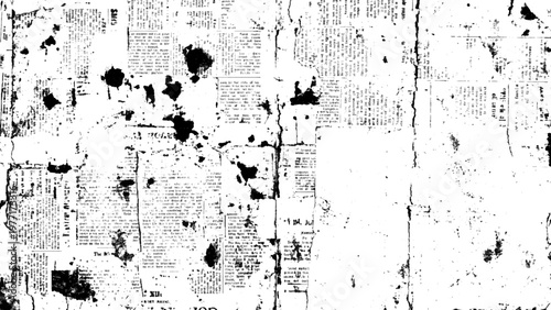 Vintage newspaper with torn and damaged pages and ink stains on white background