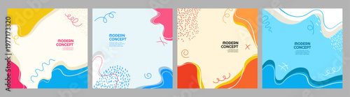 Vector illustration. Square banner template. Hand-drawn doodle shapes and lines. Design elements for social media, web banners, and blog posts. Trendy abstract colorful childish background.