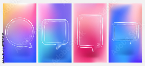 Vector illustration. Set of 3D glass morphism quote frames. Transparent speech bubbles on colorful backgrounds. Modern design for flyer, coupon, vertical banner, and leaflet. Sleek and glossy style