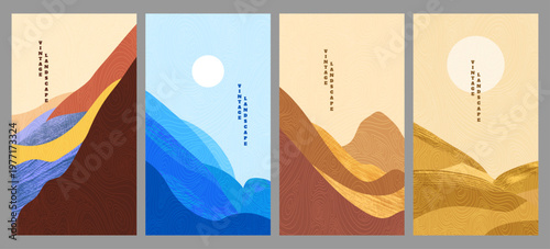 Vector illustration. Landscape backgrounds with abstract hills, topographic lines, and paint textures. Design elements for a flyer, coupon, leaflet, vertical wallpaper. Japanese hand-drawn style