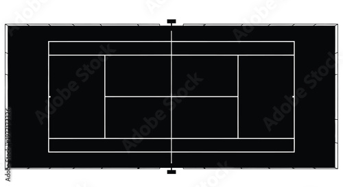 Aerial view of a black tennis court with white lines a minimalist design