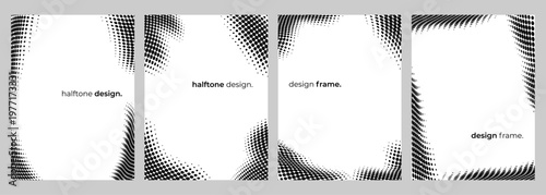 Vector illustration. Set of minimalist border backgrounds with black halftone dot patterns on a white background. Dynamic abstract frame design elements for poster, book or magazine cover, postcard