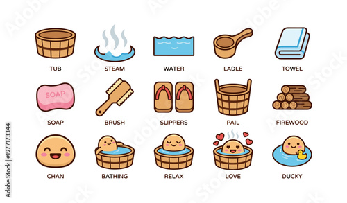 Cute sauna-related icons with smiling faces and relaxation themes
