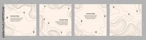 Vector illustration. Topographic map templates. Contour lines, dotted paths, and pin icons on a perspective grid background. Minimalist vintage design for social media background, web banner