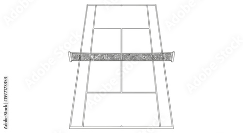 Overhead view of a tennis court showing lines and a net in grayscale