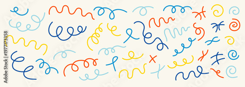 Vector illustration. Hand-drawn set of colorful squiggly lines, curls, and spirals. Playful minimalist doodle elements for creative patterns, stickers, or backgrounds. Design for poster, cover, flyer