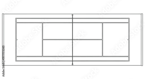 Aerial view of a rectangular tennis court with net markings simple line drawing