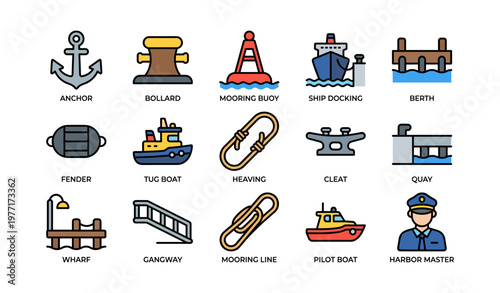 Maritime icons set featuring anchor and tug boat