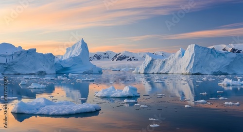 Icebergs floating in the ocean with a beautiful sunset in the background, reflecting on the water surface in antarctica