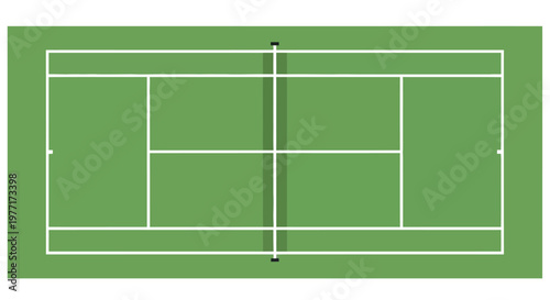 Aerial view of a green tennis court with white lines and net