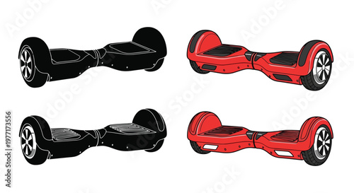 Two self balancing scooters shown in color and monochrome variations