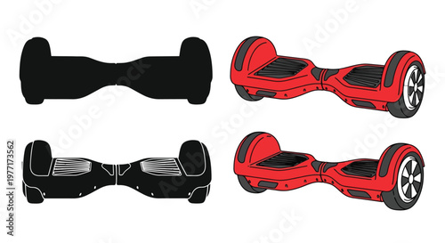 Illustration of two self balancing scooters in color and monochrome