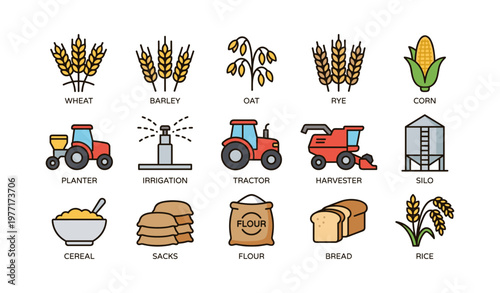 Agricultural equipment and crops icons: wheat, corn, tractor, silo, flour, bread