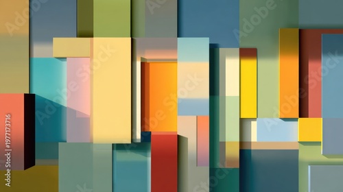 Abstract geometric shapes in vibrant colors creating a visually striking background texture with layered depth and dimension