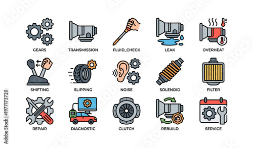 Car maintenance icons: gears, transmission, fluid check, leak, overheat, shifting, slipping, noise
