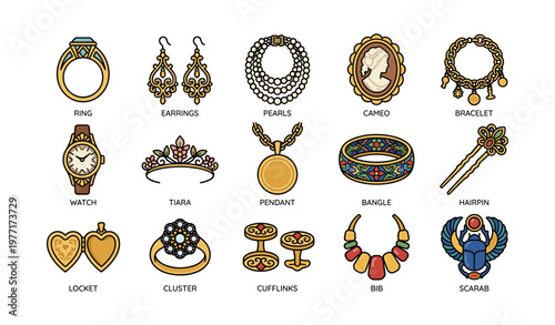 Elegant jewelry collection: rings, earrings, pearls, cameos, bracelets, watches, tiaras, pendants, brooches