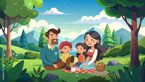 family vacation, weekend, picnic, holiday, nature, family, father, mother, daughter, son, forest, mountains, water, river, grass, stones, sky, sun, trees, flowers, summer, vacation, picnic, lake