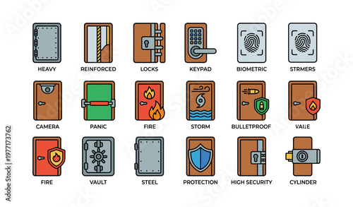 Security doors icons: heavy, reinforced, biometric, bulletproof, high security vaults