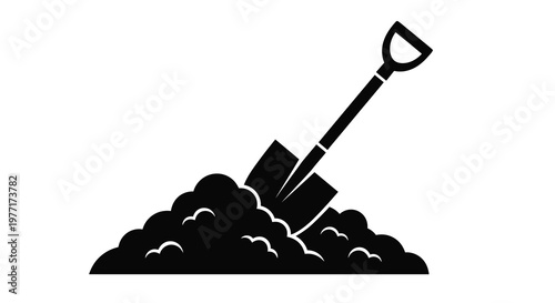 A black silhouette of a shovel digging into a pile of dirt