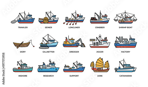 Collection of various fishing ships and boats with equipment and unique designs