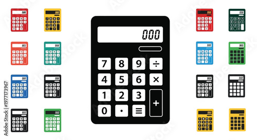 Collection of colorful digital calculators displayed in various styles and arrangements