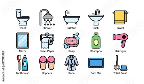 Bathroom essentials: icons of toilet, shower, bathtub, and more