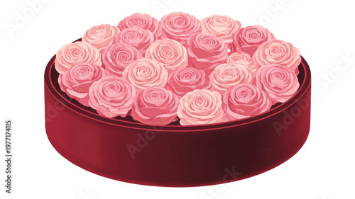 Deep red round box overflowing with pink roses flower box gift box arrangement blossoms decoration celebration fragrant romantic artistic