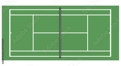 Aerial view of a green tennis court with white lines and a net