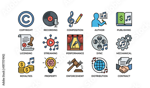 Colorful icons representing various aspects of music rights and licensing