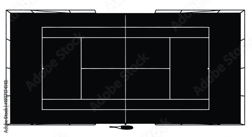Overhead view of a tennis court with a single racket present