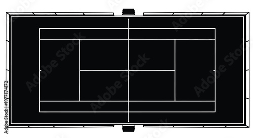Aerial view of a black tennis court with white lines and net