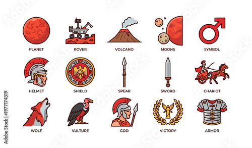 Mars exploration icons: helmet, shield, rover, and more