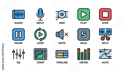 Audio editing icons set: play, pause, mute, eq, timeline, loop features