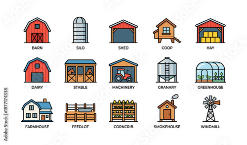 Colorful farm icons: barn, silo, greenhouse, tractor, windmill illustrations