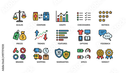 Colorful business icons - scales, graph, ratings, prices, trends, shipping, warranties, features