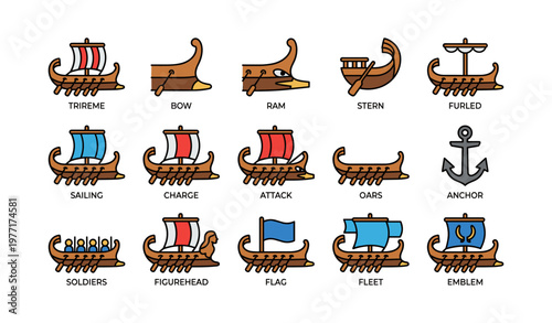 Ancient warship icons: trireme, oars, anchor, sails, figurehead, emblem